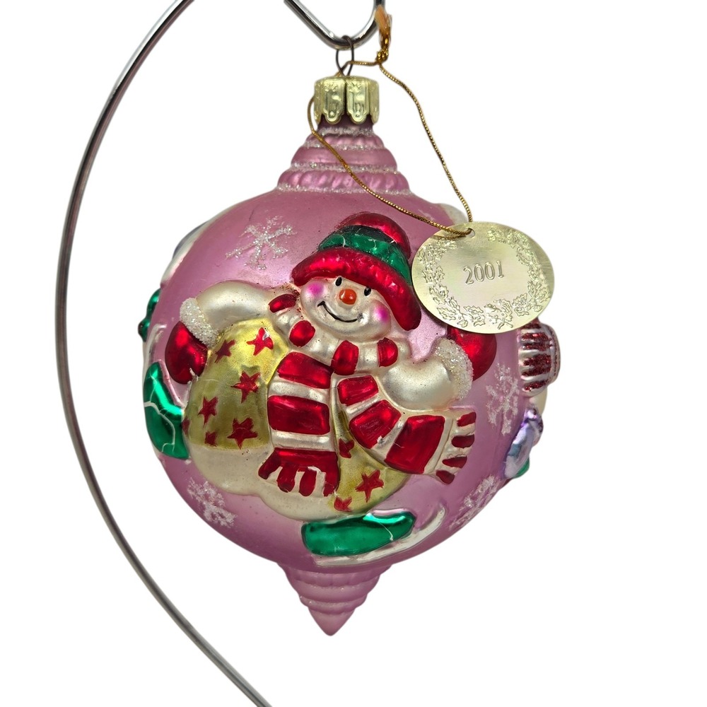 Vtg Whimsical Ice Skating Snowman Blown Glass Ornament 3D Effect Large 5.5" NICE